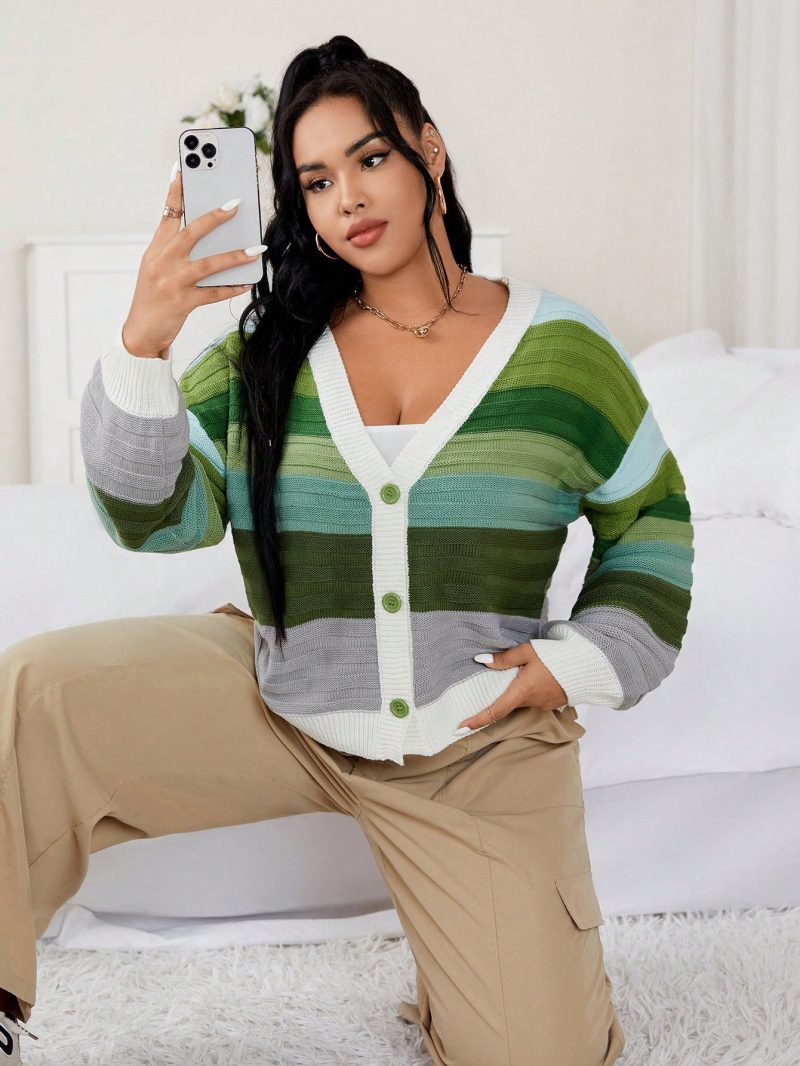 Striped Knit Cardigan Coat - Buckle-Free Autumn/Winter Wear - Image 5