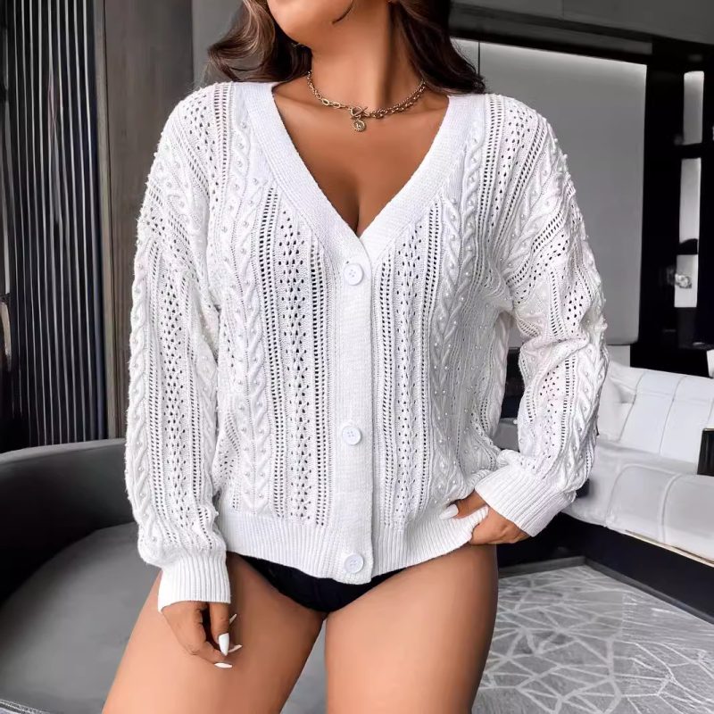 White Knitted Cardigan - Hollow-Out See-Through Coat for Autumn - Image 2