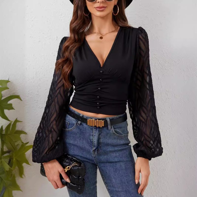 Chiffon Lantern Sleeve Ruffle V Neck Top - Slimming Long Sleeve - Image 3