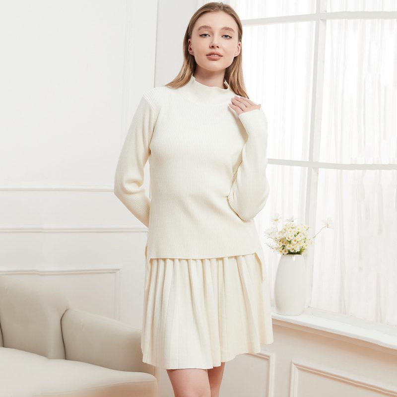 Solid Color Stand Collar Sweater & Pleated Skirt Set - College Style - Image 4