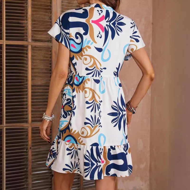 Batwing Sleeve Printed Ruffle Dress - Elegant Short Hem Dress - Image 2