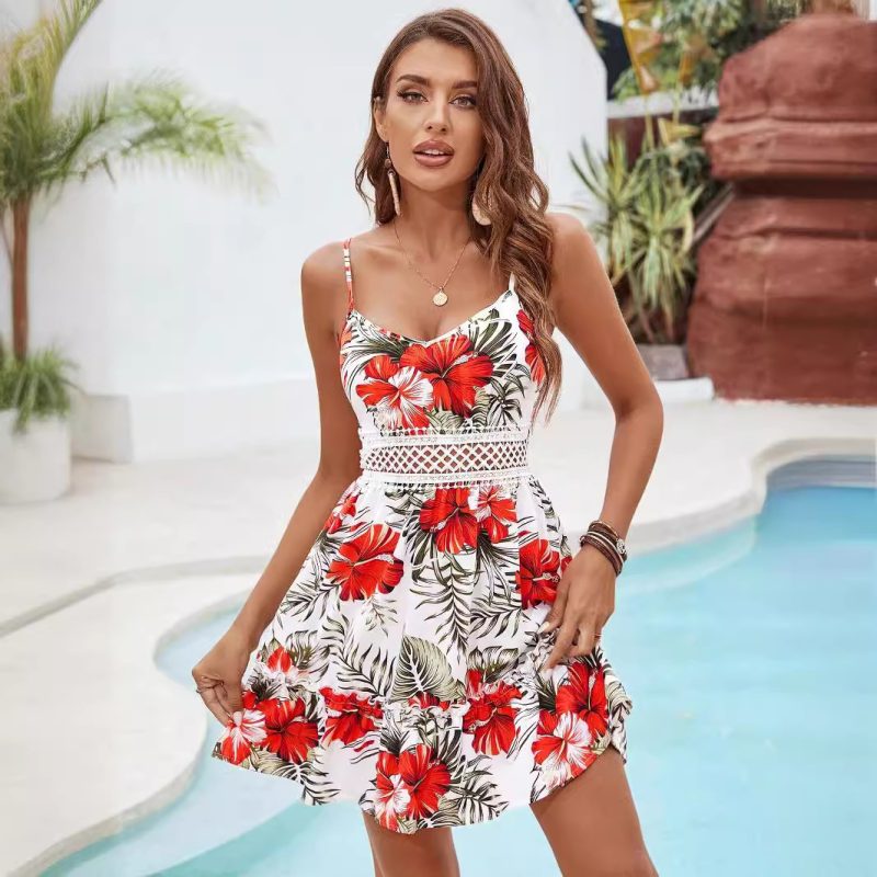 Floral Print Lace Spaghetti Strap Ruffled Beach Shorts - Image 4