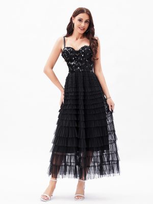 Sexy Black Paillette Corset Dress – Multi-Layer Beauty Back