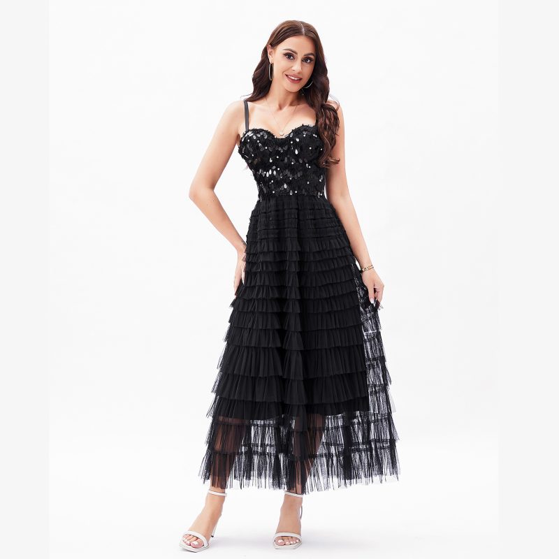 Sexy Black Paillette Corset Dress - Multi-Layer Beauty Back