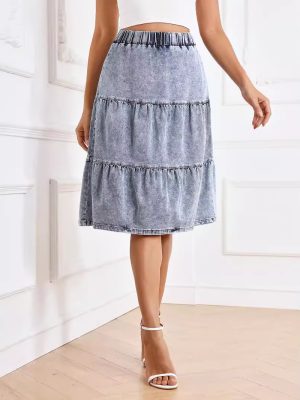 Elegant Midi Denim Skirt with Elastic Waistband – Summer Style