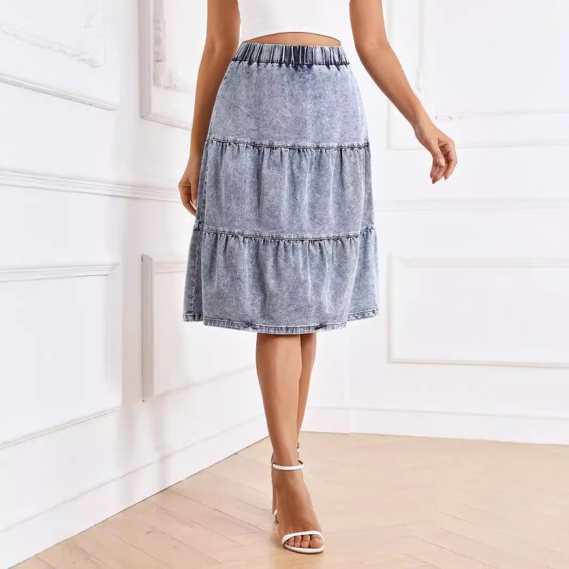 Elegant Midi Denim Skirt with Elastic Waistband - Summer Style
