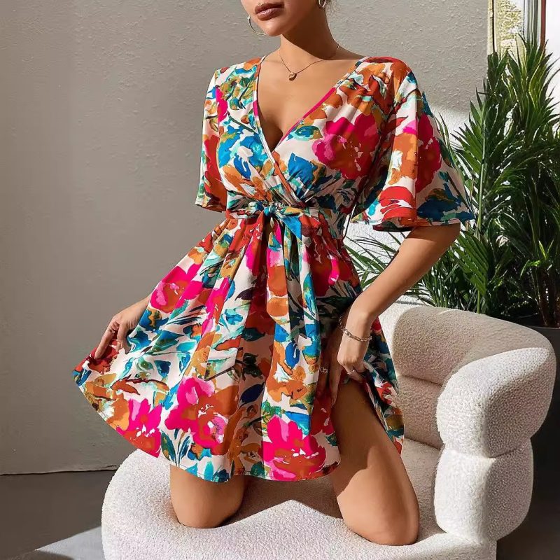 Elegant Summer Floral Print Dress for Women with Belt - Image 2