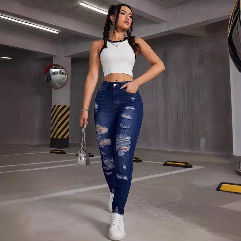 Trendy High Elastic Ripped Skinny Jeans for Women - Image 4