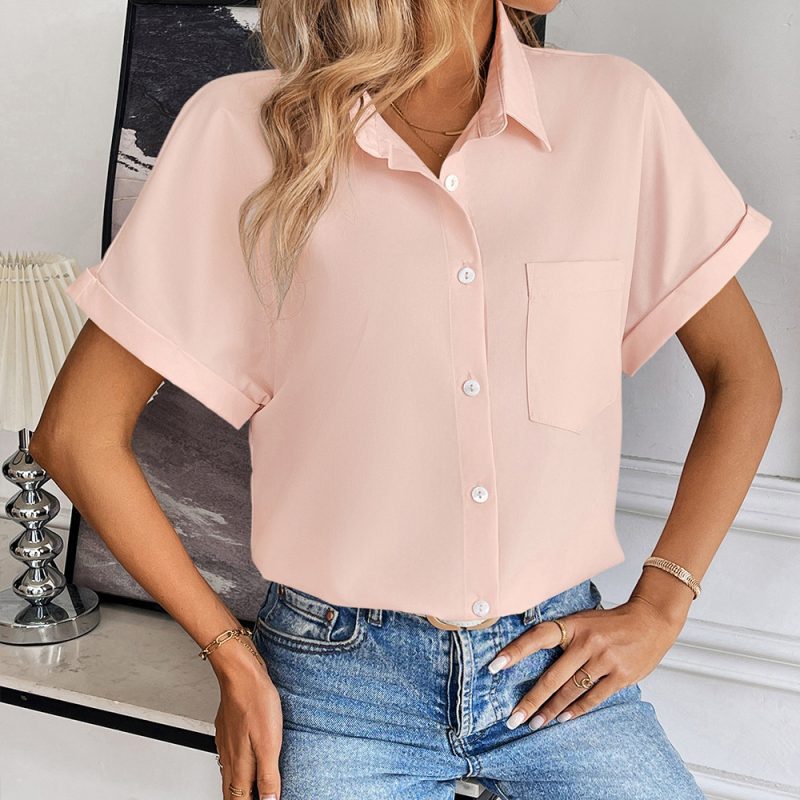 Casual Loose Solid Color Short Sleeve Shirt for Women - Image 2