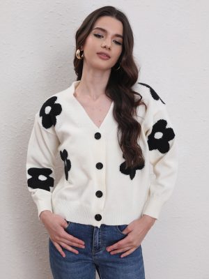 V-Neck Floral Knitted Cardigan – Autumn/Winter Sweet Sweater