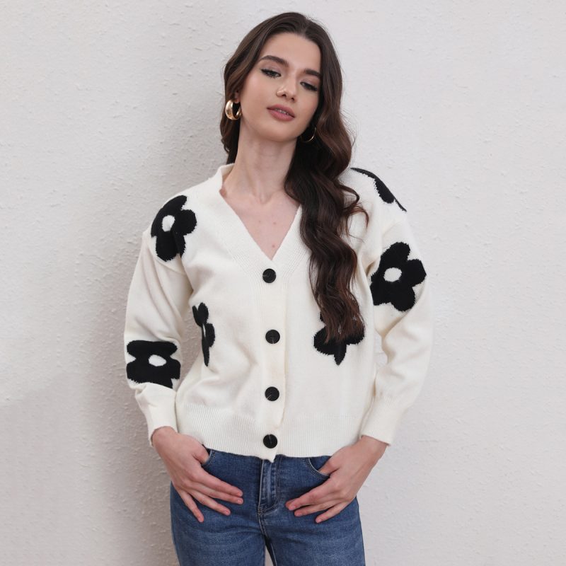 V-Neck Floral Knitted Cardigan - Autumn/Winter Sweet Sweater