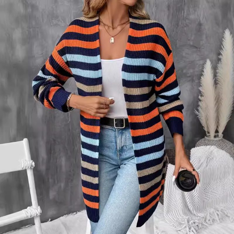 Classic Striped V-Neck Cardigan - Loose Knit Sweater - Image 4