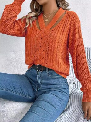 V-Neck Twist Sweater – Hollow Out Lantern Sleeve Pullover