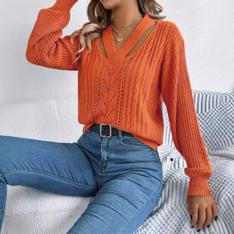 V-Neck Twist Sweater - Hollow Out Lantern Sleeve Pullover