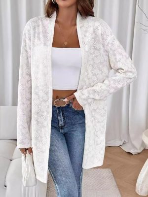 Elegant Solid Color Knitted Jacquard Long Cardigan for Women