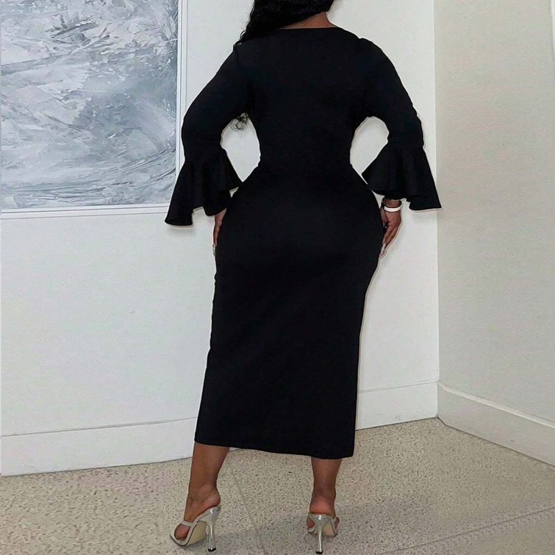 Plus Size Square Collar Ruffle Sleeve Slim Midi Dress - Image 2