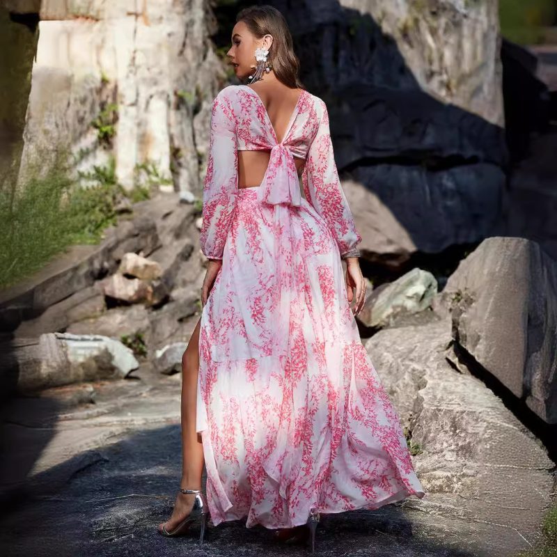 Sexy Chiffon Printed Long Sleeve Hollow Out Cutout Split Maxi Dress - Image 2