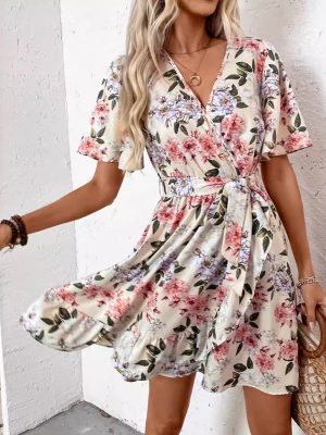 Elegant Floral V-Neck Ruffle Sleeve Dress with Belt for Women