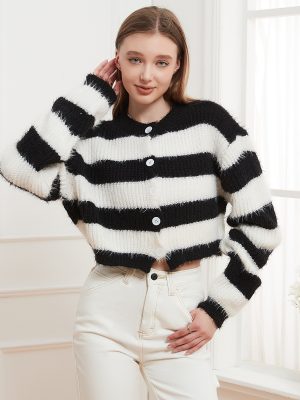 Knitted Round Neck Striped Buckle Cardigan Sweater for Women