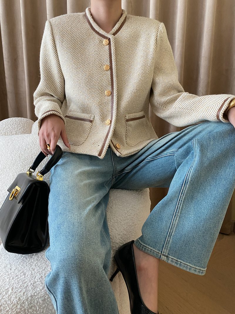 French Texture Oatmeal Color Contrast Braid Chanel Coat - Early Autumn Chic - Image 2