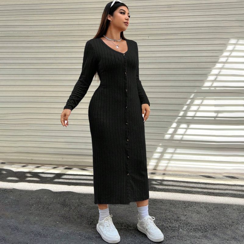 Plus Size Slim Fit Casual Long Dress for Fall Winter - Image 2