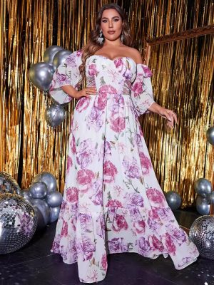 Plus Size Off Shoulder Chiffon Printed Dress with Waist Cutout and 3/4 Sleeves