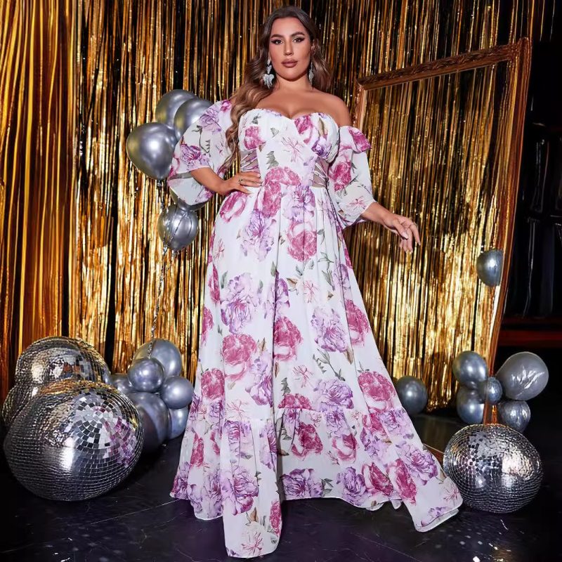 Plus Size Off Shoulder Chiffon Printed Dress with Waist Cutout and 3/4 Sleeves