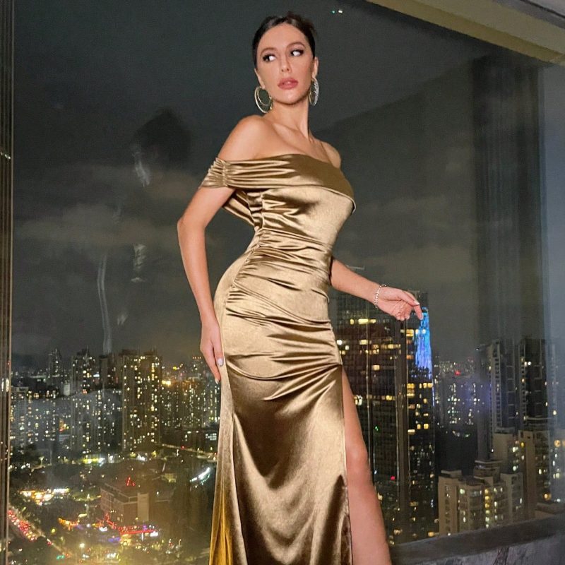 Sexy Backless Slim Fit Off Neck Split Sheath Dress