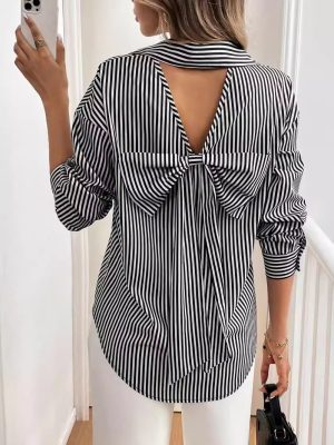 Elegant Striped Button-Up Shirt with Back Bow for Women