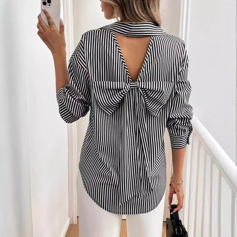 Elegant Striped Button-Up Shirt with Back Bow for Women