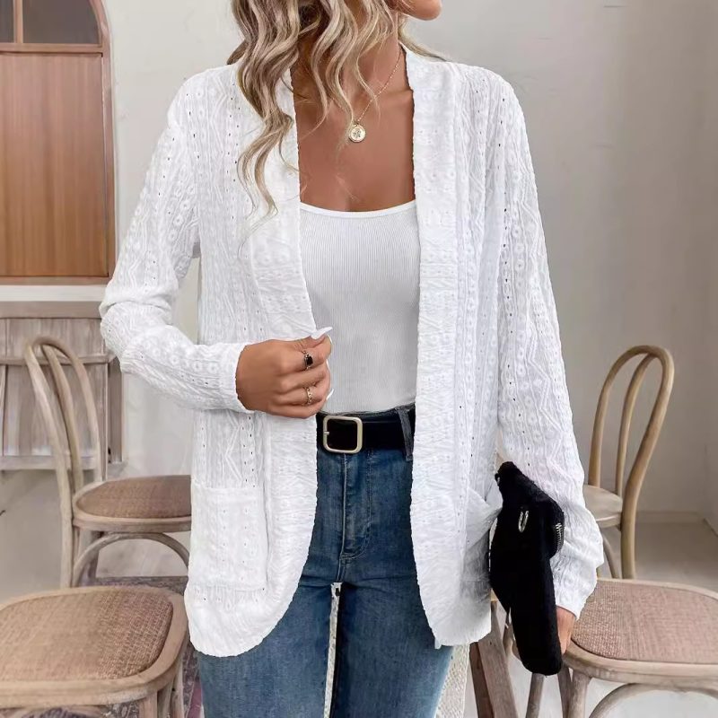 Solid Color Lace Jacket - Double Pocket Long Sleeve Open Coat - Image 3