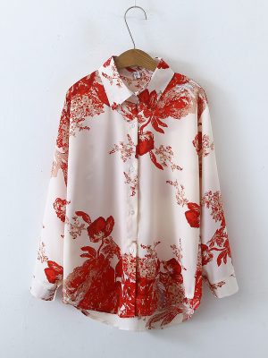 Korean Retro Printed Satin Shirt for Women – Long Sleeves