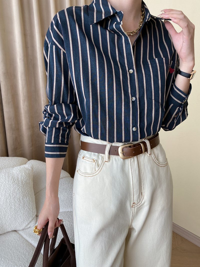 French Embroidery Striped Slimming Shirt Dress with Belt - Image 2