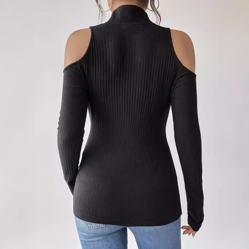 Slimming Off-Shoulder Ribbed Stand Collar Long Sleeve Top - Image 3