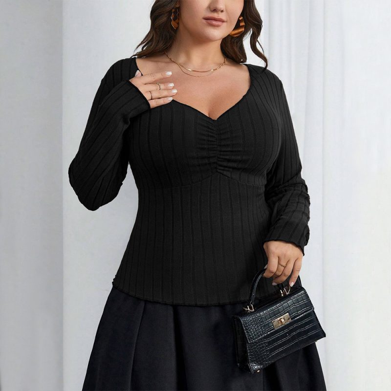Plus Size Elegant Square Collar Slim Long Sleeve T-Shirt