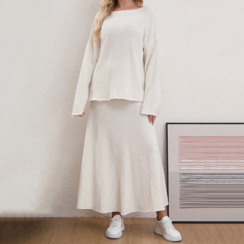 Solid Color Round Neck Sweater & Long Skirt Set - Casual Two-Piece - Image 3