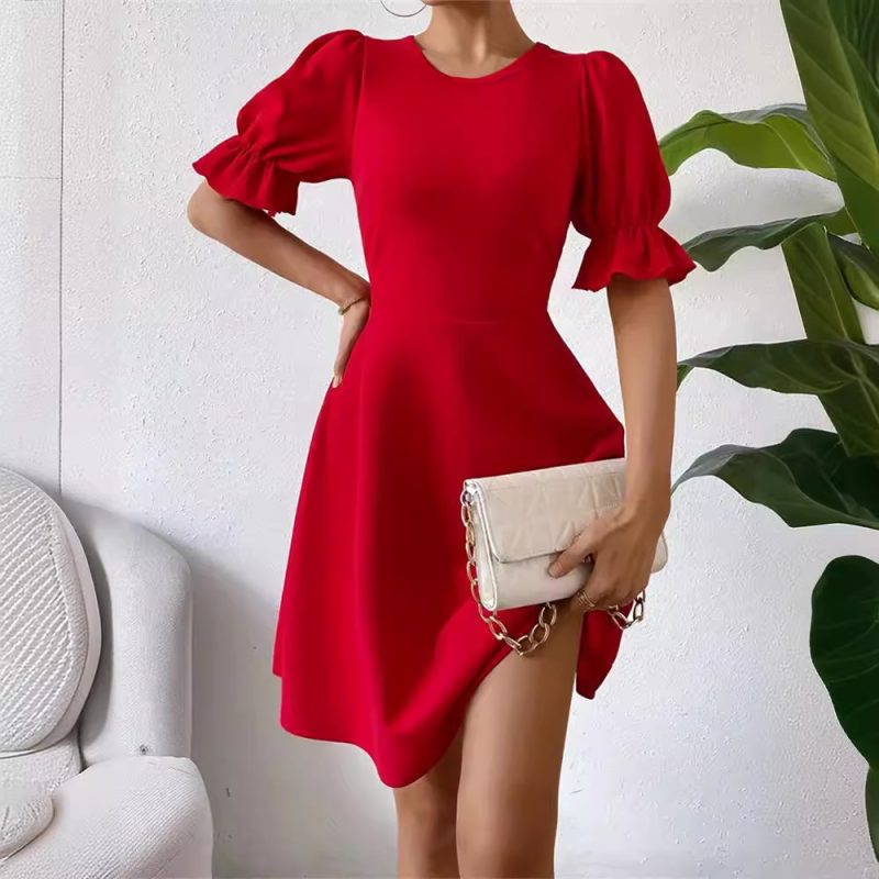 Square Collar Puff Sleeve Ruffled A-line Dress - Women - Image 3