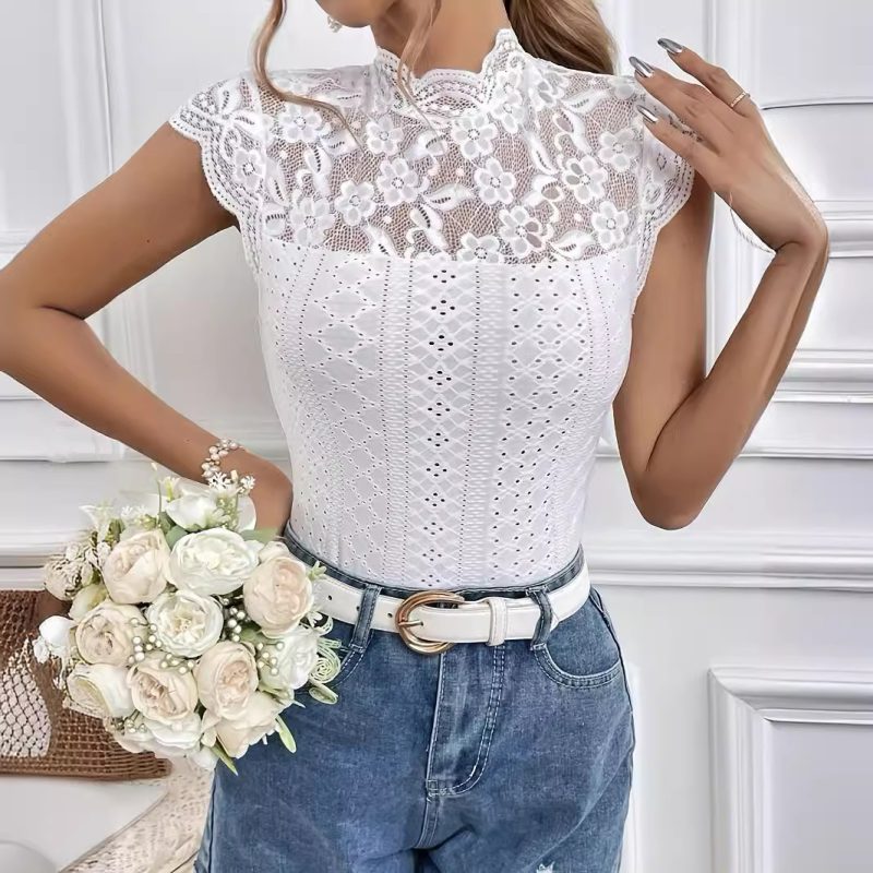 Elegant Lace Stitching Collar Short Sleeve Solid Color T Shirt Slimming Top Women - Image 3