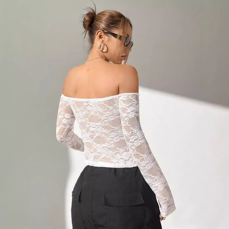 Elegant Off-Shoulder Lace Asymmetric Long Sleeve Top for Women - Image 2