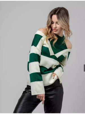 Retro Western Off-Shoulder Striped Sweater – Faux Two-Piece