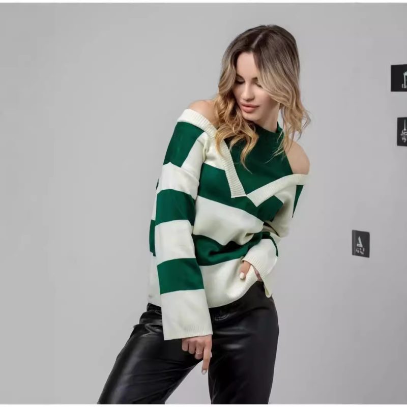 Retro Western Off-Shoulder Striped Sweater - Faux Two-Piece