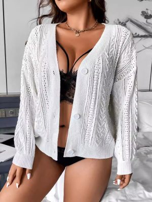 White Knitted Cardigan – Hollow-Out See-Through Coat for Autumn