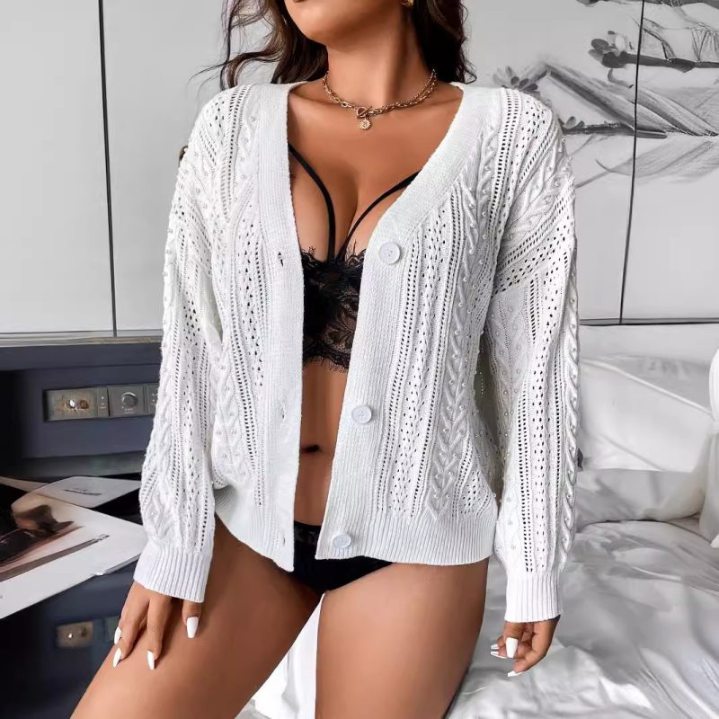 White Knitted Cardigan - Hollow-Out See-Through Coat for Autumn