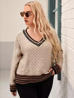 V-Collar Contrast Color Sweater Top for Women – Autumn Style