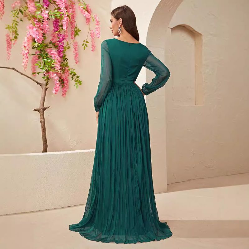 Long Sleeve Chiffon V-Neck Slit Maxi Dress with Waist-Controlled Lace-Up Pleats - Image 2