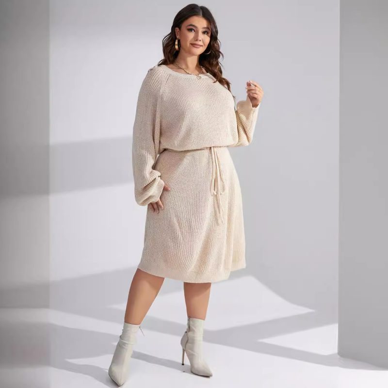 Woolen Knit Waist Dress - One-Piece Sweater for Women