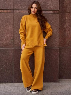 Solid Color Stand Collar Sweater & Trousers Set – Loose Fit