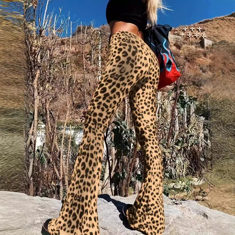 Leopard Print Skinny Bell Bottom Pants - Trendy Casual Wear