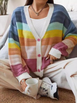 Striped Knit Cardigan Coat – Buckle-Free Autumn/Winter Wear