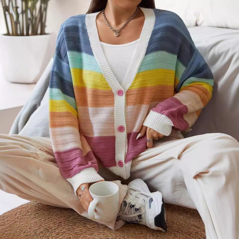Striped Knit Cardigan Coat - Buckle-Free Autumn/Winter Wear